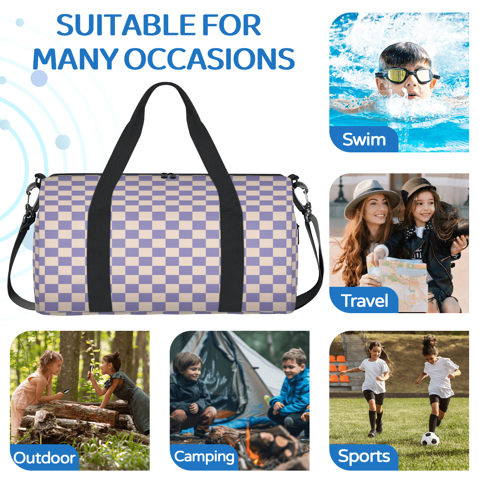 Herdesigns Checkerboard Purple Travel Duffle Bag Sports Yoga Weekender Overnight Carry on Workout Bags Lightweight Waterproof Gym Tote Bag for Women