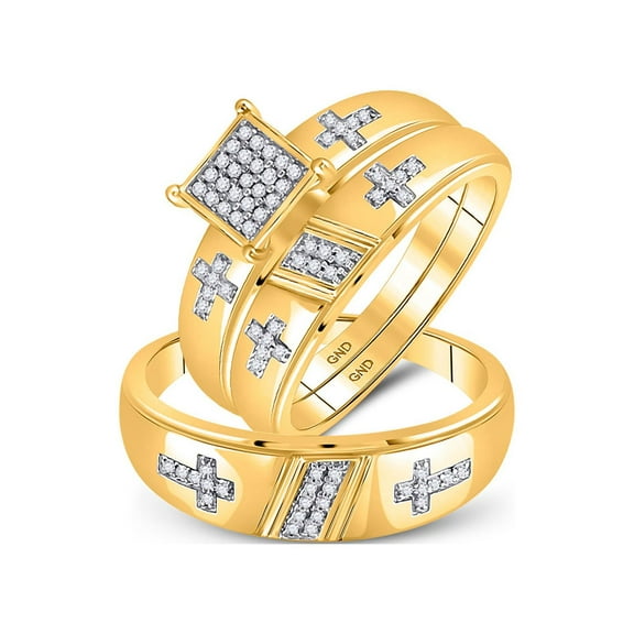 10kt Yellow Gold His Hers Diamond Cross Matching Wedding Set 1/12 Cttw