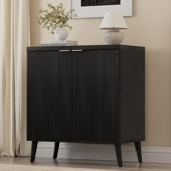Modern Fluted Black Sideboard Cabinet with Doors & Adjustable Shelves