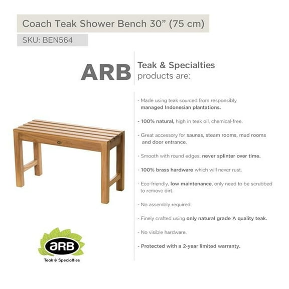 ARB TEAK & SPECIALTIES BEN564 Teak Shower Bench Coach 30' (75 cm)