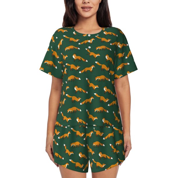 Balery Cartoon Fox 1 Conjunto de Pijama para Mujer con Estampado, Dos Piezas de Manga Corta y Shorts, Ropa de Dormir Suave con Cuello Redondo y Bolsillos-Large