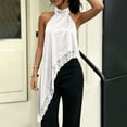 thumbnail image 5 of Karymi Womens Summer Tops Halter Neck Asymmetric Tank Top, Twist Sleeveless Floral Lace Trim Irregular Long Hem Loose Flowy Camisole, Satin Layering Blouse Cute Tops for Women, 5 of 7