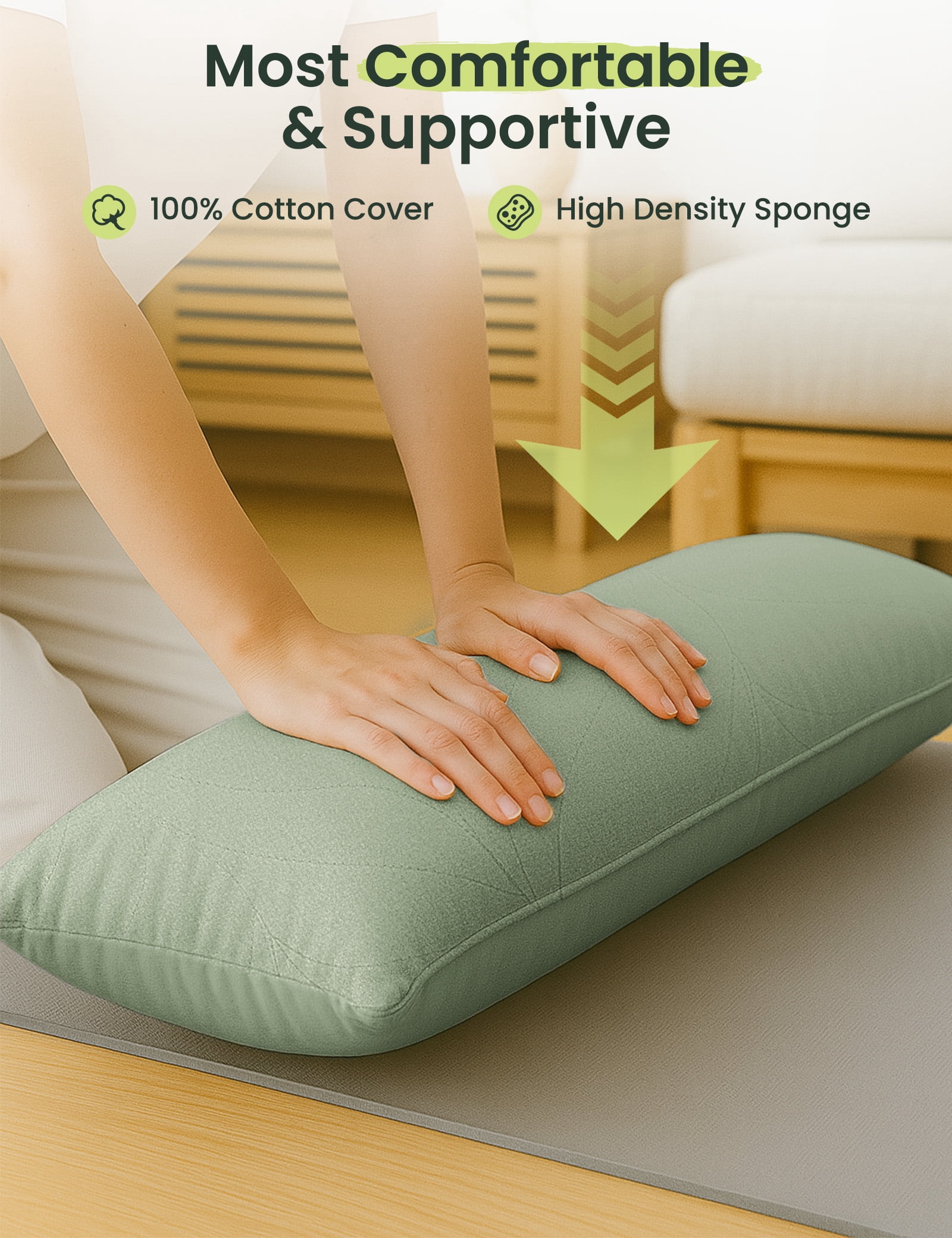 Zonli Wheat Short Decorative Body Pillow – Quilted 100% Washed Cotton & Velvet Dual-Sided Cover, Adjustable Loft for Side Sleepers, Green