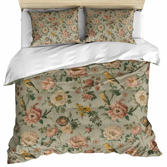 Vintage Spring Floral Bedding 3 Piece Duvet Cover Set Queen Size, Farmhouse Flowers Green Vintage Microfiber Comforter Cover with Zipper Closure & Pillowcases, Wrinkle & FadeResistant Quilt Cover