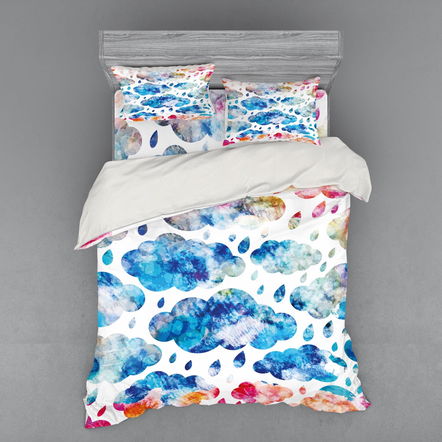 Modern Duvet Cover Set, Colorful Clouds Pattern with Raindrops Rainy