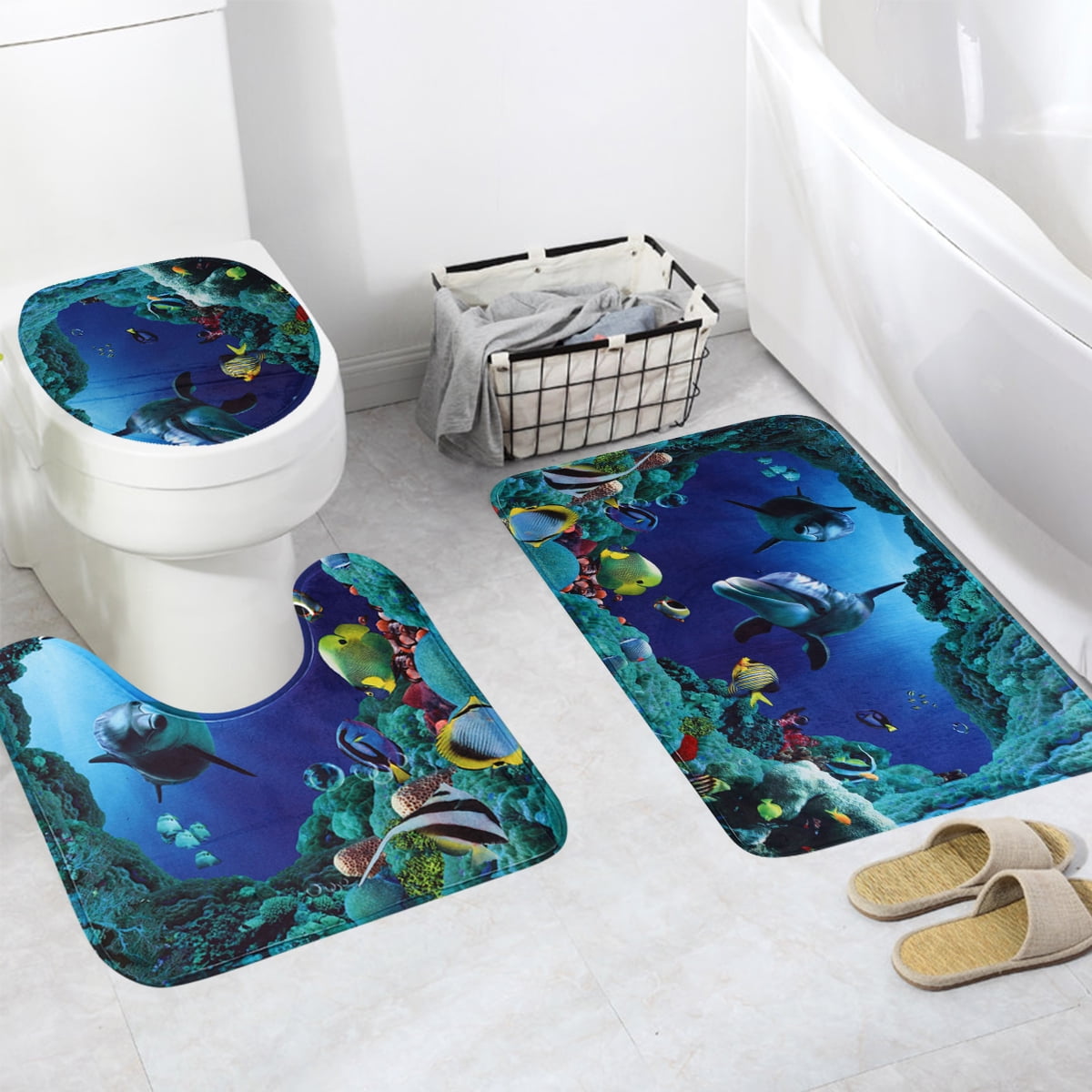 3Pcs/Set Bathroom Non-Slip Blue Sea Ocean Pedestal Rug+Lid Toilet Cover+Bath Mat 