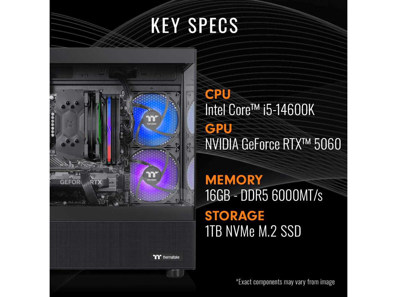 Thermaltake LCGS NE i1460-V170B Gaming Desktop (Intel Core i5-14600K, ToughRam 16GB DDR5 6000MT/s RGB Memory, NVIDIA GeForce RTX 5060, 1TB NVMe M.2, WiFi, Windows 11) N17B-B760-560-LCS