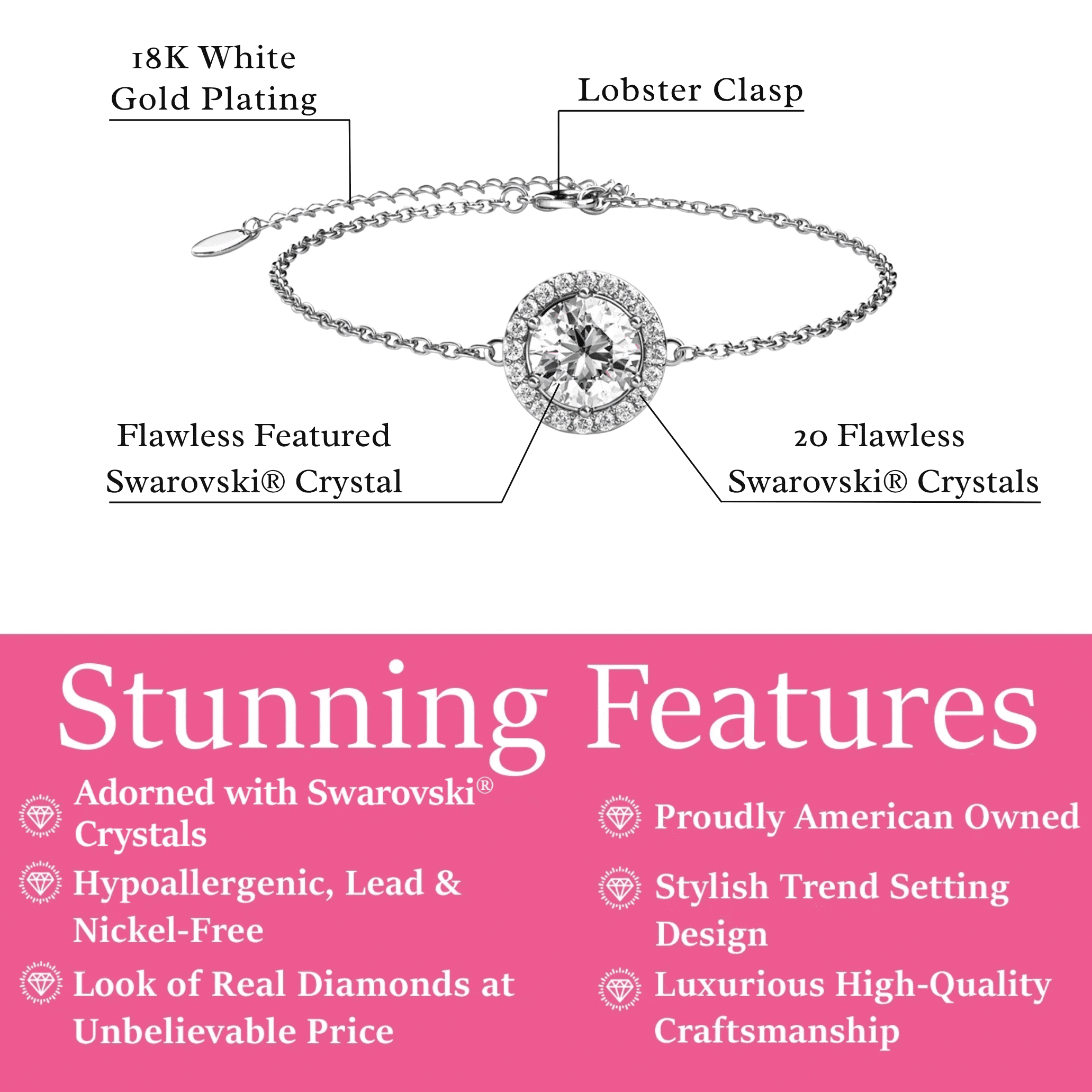 Cate & Chloe Blake 18k White Gold Plated Halo Chain Bracelet with Swarovski Crystals Gift for Women