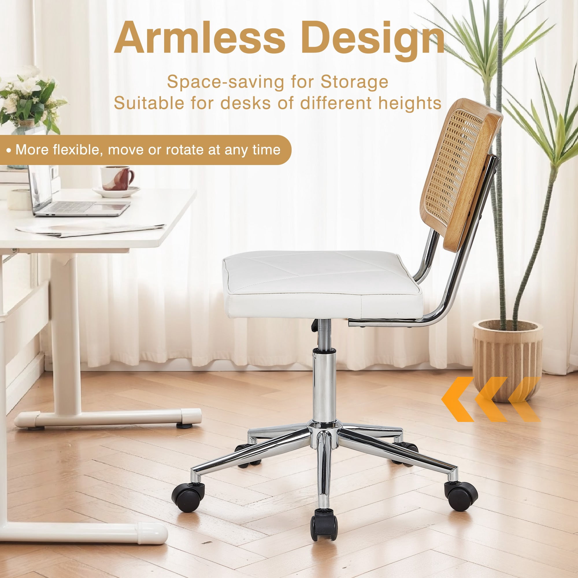 VECELO Mid Century Home Office Chair with Wheels, Modern PU Leather Desk Chair with Rattan Backrest, Adjustable Height Task Chair Swivel Computer Chair, White
