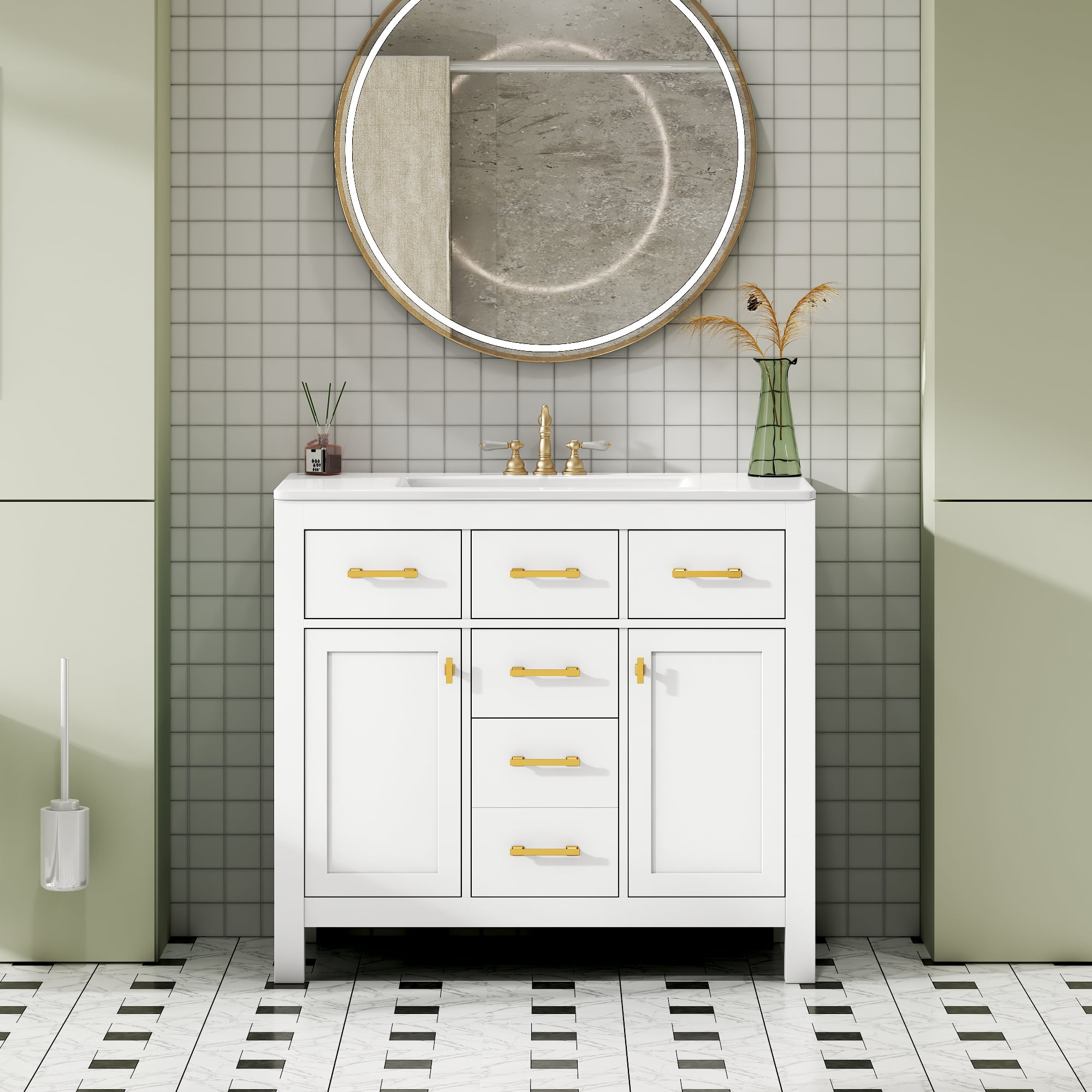 Euroco 36-Inch Solid Wood Bathroom Vanity with Ceramic Sink and Storage Cabinets