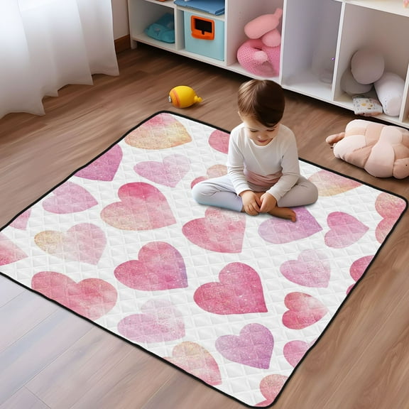 WOBOGO Pink Glitter Hearts Pattern Baby Playmats Extra Large Waterproof Rollable Activity Pads for Toddlers 50×50inch