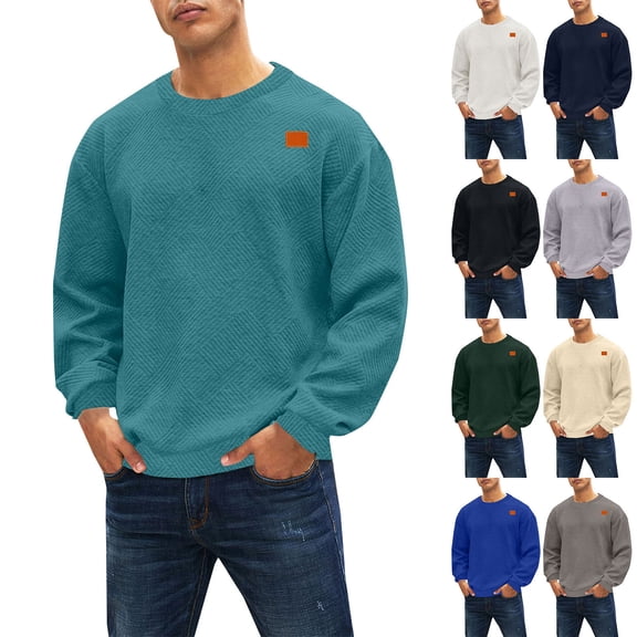 Men's Long Sleeve Round Neck Shirt Solid Color Knitted Jacquard Casual Loose Athletic Tops Stylish Pullover Comfort Basic T Shirts