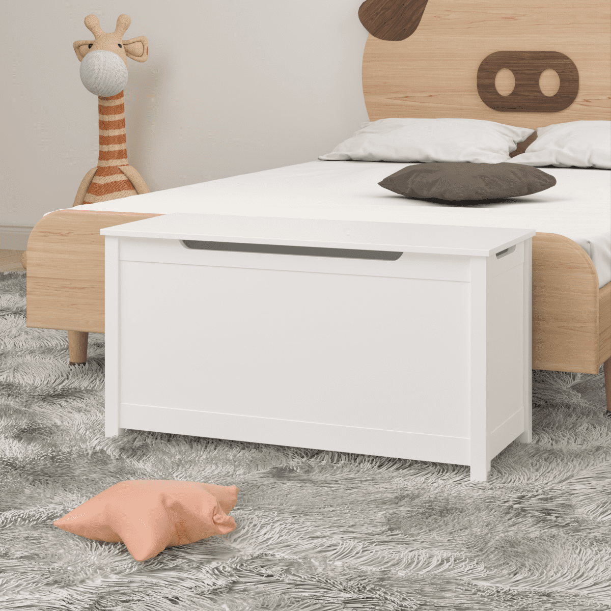 White Wooden Toy Box for Kids Ages 2+ – Safety Hinged Lid Toy Chest, 31.5”W Storage Organizer for Bedroom/Playroom