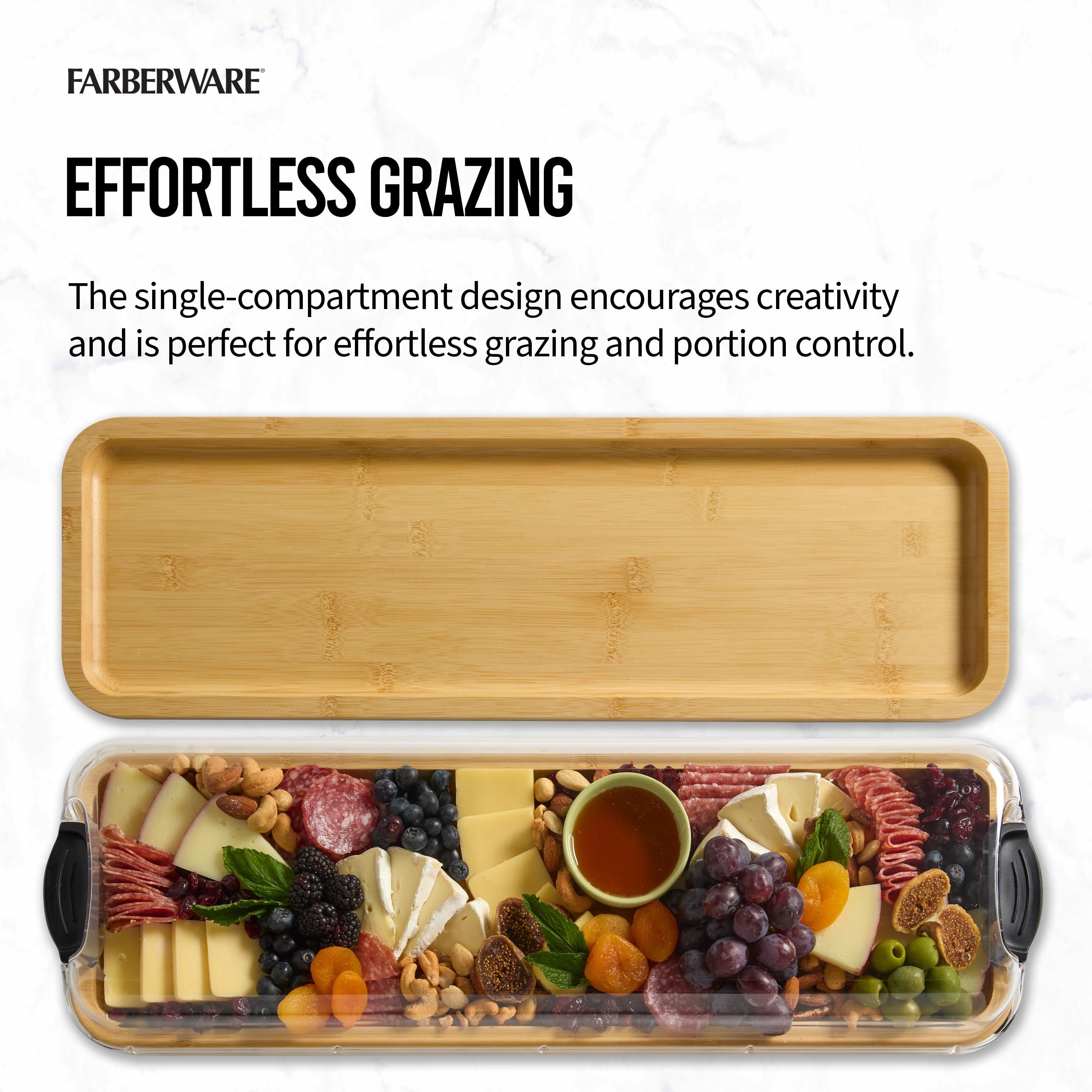 Farberware Build-a-Board 7x22-Inch Rectangular Bamboo Cutting Board with Clear Locking Lid