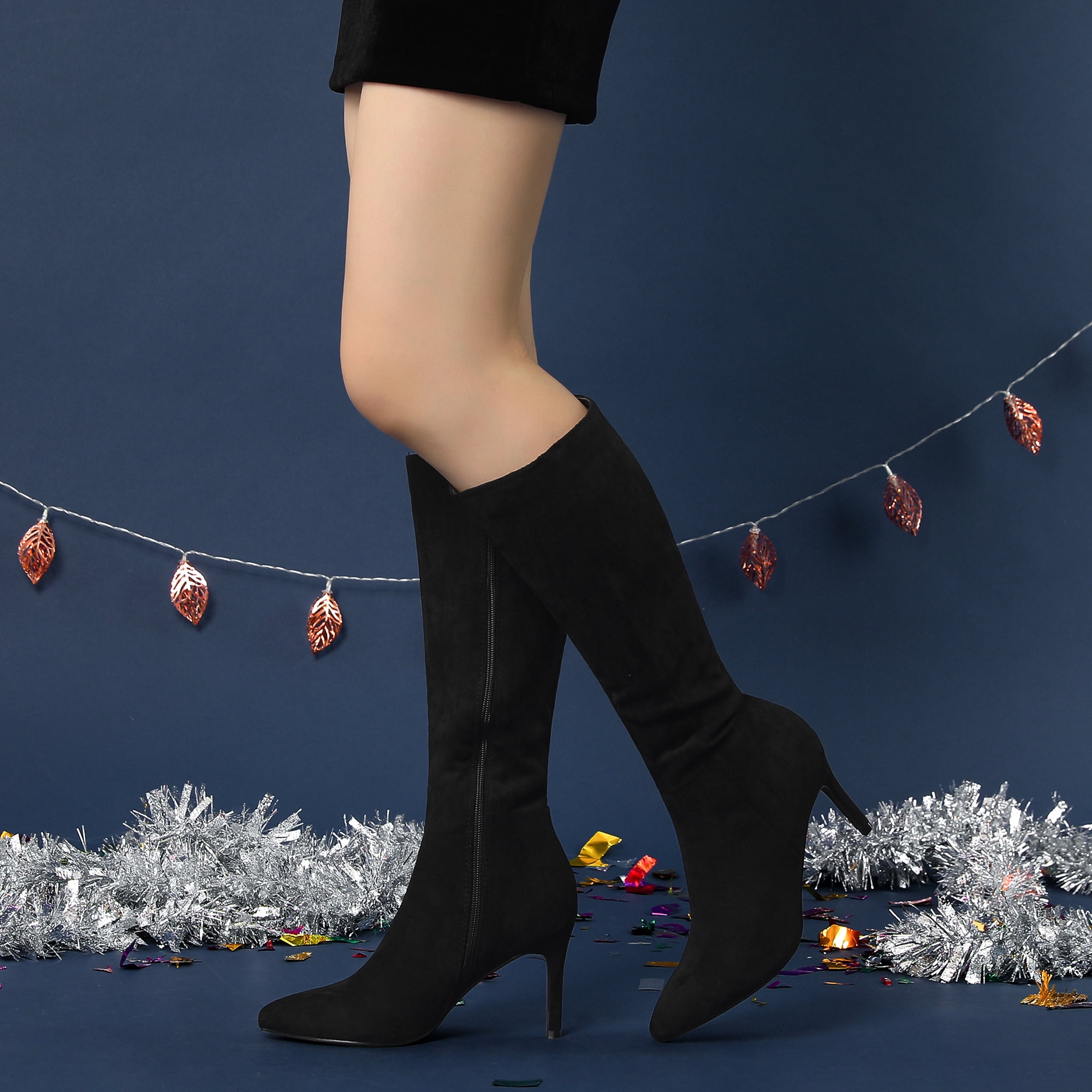 Unique Bargains Women's Side Zip-Up Pointed Toe Stiletto Heel Knee High Boots