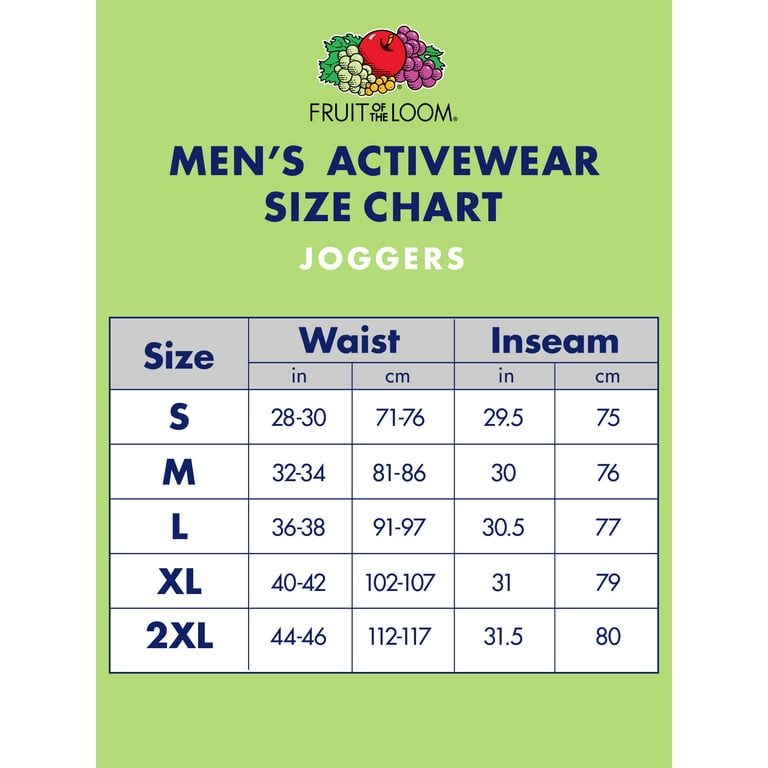 Fruit of the loom best sale men's sweatpants size chart