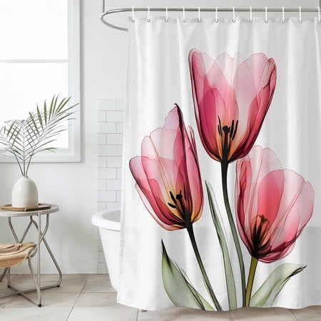 Pink Tulip Waterproof Fabric Shower Curtain Modern Blossom Pastel White Floral Petal Waterproof Fabric Shower Curtain for Bathroom Curtains Bathtubs Hotel Shower Curtains with 12 Hooks Stall 54x78in
