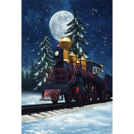 Image of MOHome 5x7ft Old Locomotive On Track Backdrop Train Photography Background Moon Night Snowflake Kid Child Boy Artistic Portrait Winter Xmas Tree Photo Studio Props Video Drop