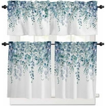 Kitchen Curtain Valance and Tiers Set Blue Eucalyptus 3 Pc Window Treatment Watercolor Leaves 3 Pieces Rod Pocket Valance Set for Small Windows 54 in x 36 in