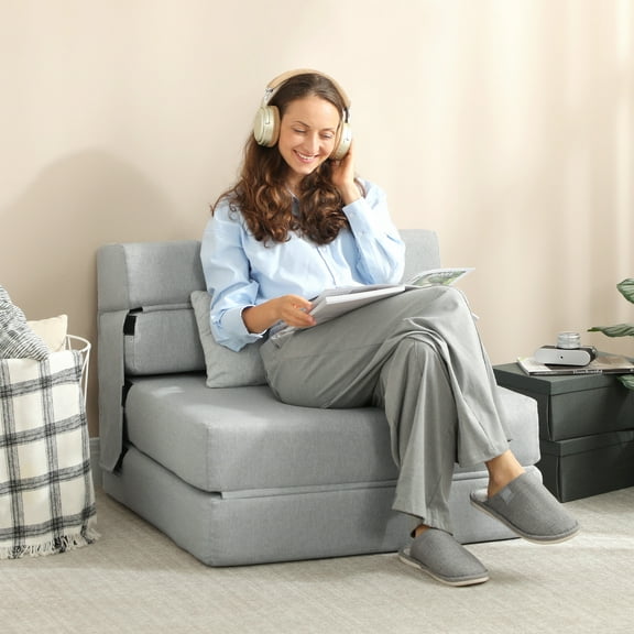 HOMCOM Folding Sofa Bed, Sleeper Chair Bed with Pillow, Modern Linen Convertible Futon Couch, Light Gray
