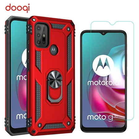 For Motorola Moto G30 / G10 Shockproof Magnetic Ring Holder Military Armor Red Case Cover + Tempered Glass Protector