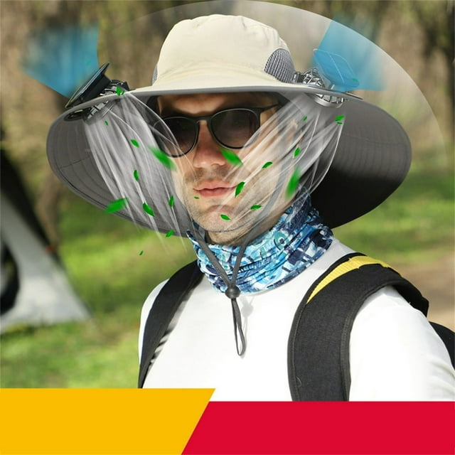 SNNROO Solar Fan Outdoor Fishing Hat Men Sun Hat with 2 Solar Fans 3 Speed Adjustable - Effective Sun Protection - Breathable Mesh Material - USB/Solar Powered - Ideal for Fishing Gard