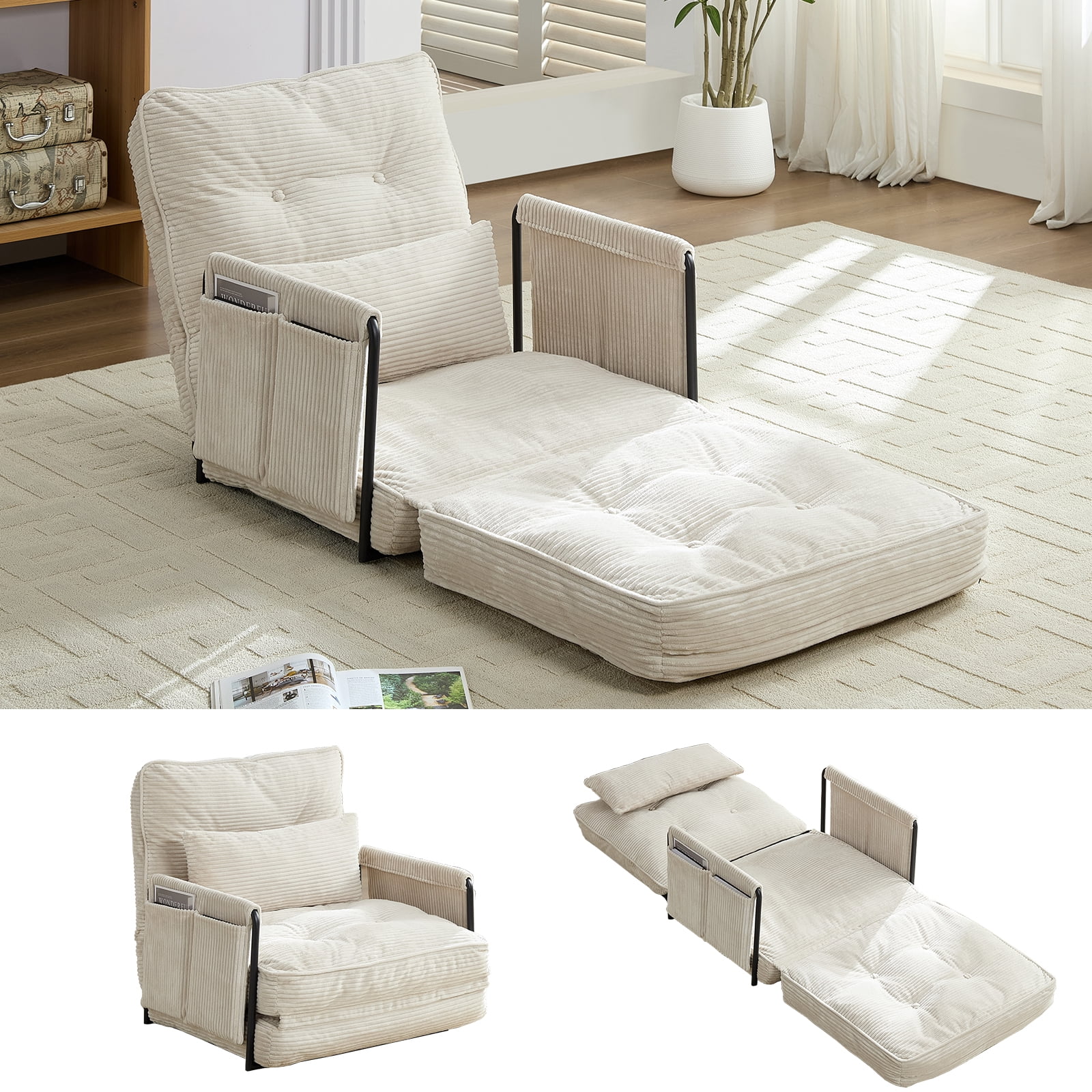 BALUS Futon Folding Sofa Bed, 4-in-1 Floor Couch with Foldable Mattress, Convertible sofa beds for Living Room, Corduroy, Beige