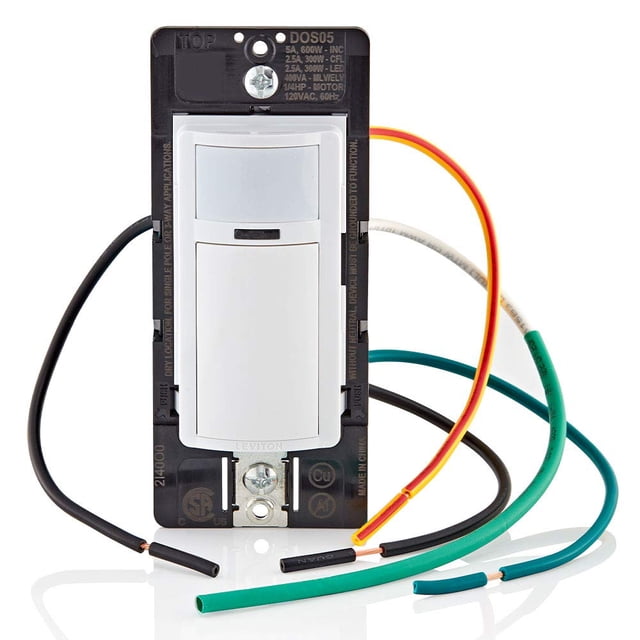 Leviton DOS05-1LZ Interruptor de luz con sensor de movimiento activado por movimiento, encendido/apagado automático, 5 A, no requiere cable neutro, un solo polo o 3 vías, blanco/marfil/almendra claro
