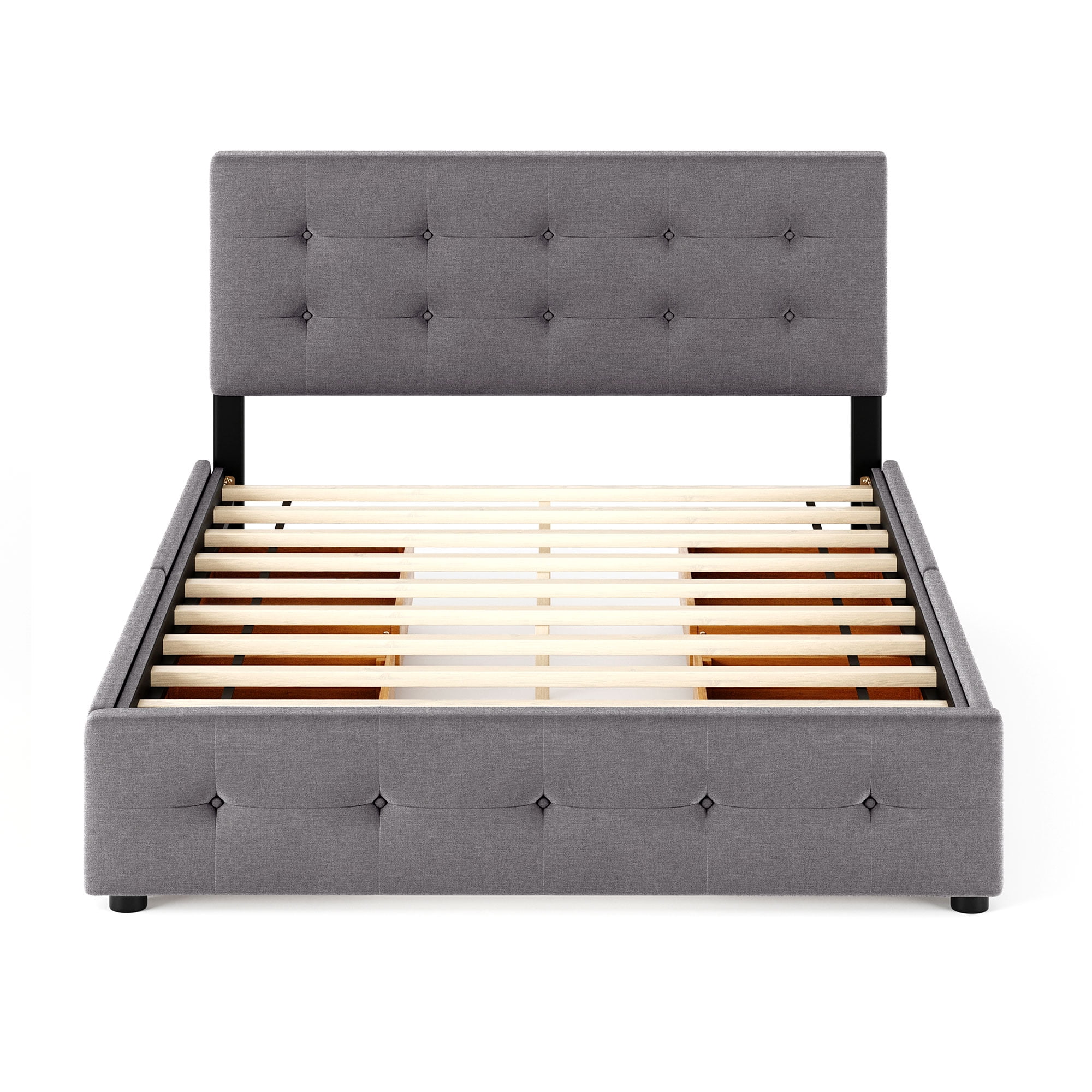 PAPROOS Queen Platform Bed Frame with Storage, Upholstered Platform Bed with Tufted Button Headboard and 4 Drawers, No Box Spring Needed, Queen Size Bed Frame for Adults, Light Gray