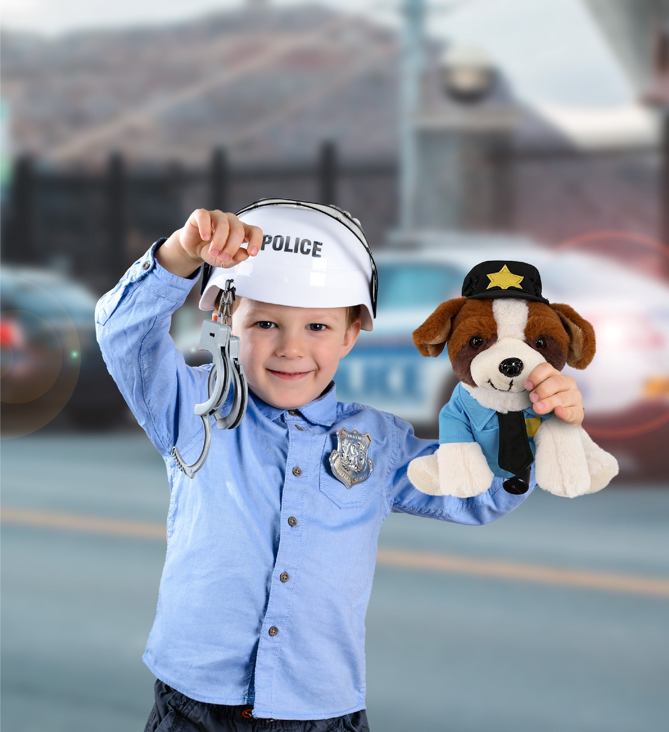 DolliBu St. Bernard Dog Police Officer Plush Toy - Soft Dog Cop Stuffed Animal Dress Up with Cute Cop Uniform and Cap Outfit - Super Soft Farm Life Stuffed Dog Animal - 8 Inches