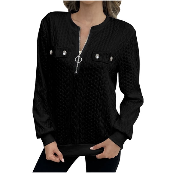 Uootdi Women's Half Zip Quilted Sweatshirts Crew Neck Casual Loose Long Sleeve Pullover Tops Gifts for Her Textured Solid Fall Fashion To ps Small