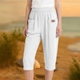 thumbnail image 2 of TQWQT Linen Capri Pants for Women Dressy Casual Cropped Pants Wide Leg Elastic Waist Trendy Summer Plus Size Lounge Pants with Pockets White L, 2 of 3
