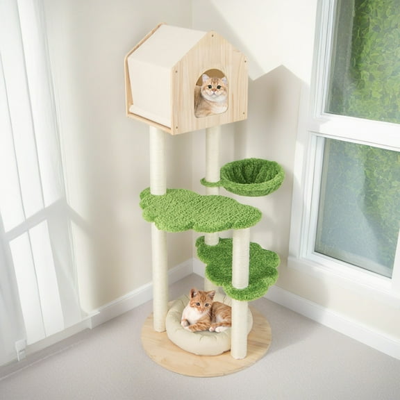 Pefilos 55" Cat Tree Condo for Multiple Cats Furniture Cat Tree House for Outdoor Cat Tower for Indoor Cats Large Pet Club, Beige