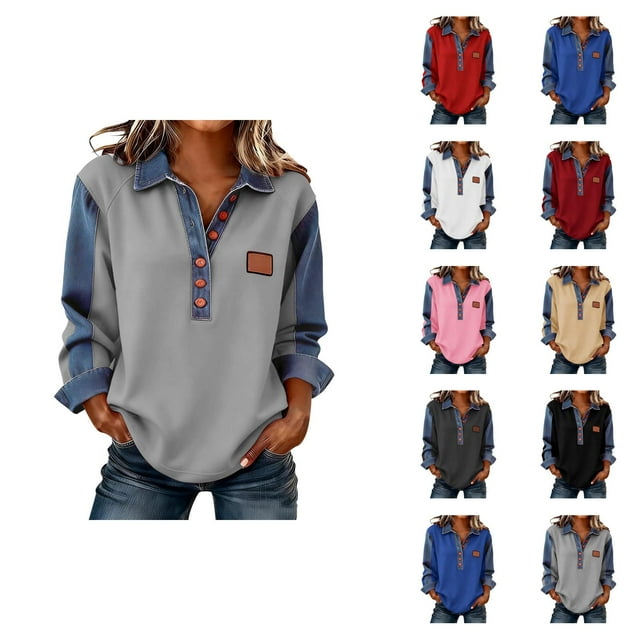 Hauts à Manches Longues pour Femmes 2026 Printemps Mode Bouton Col en V Col à Revers Patchwork en Denim Chemise Décontractée Blouse