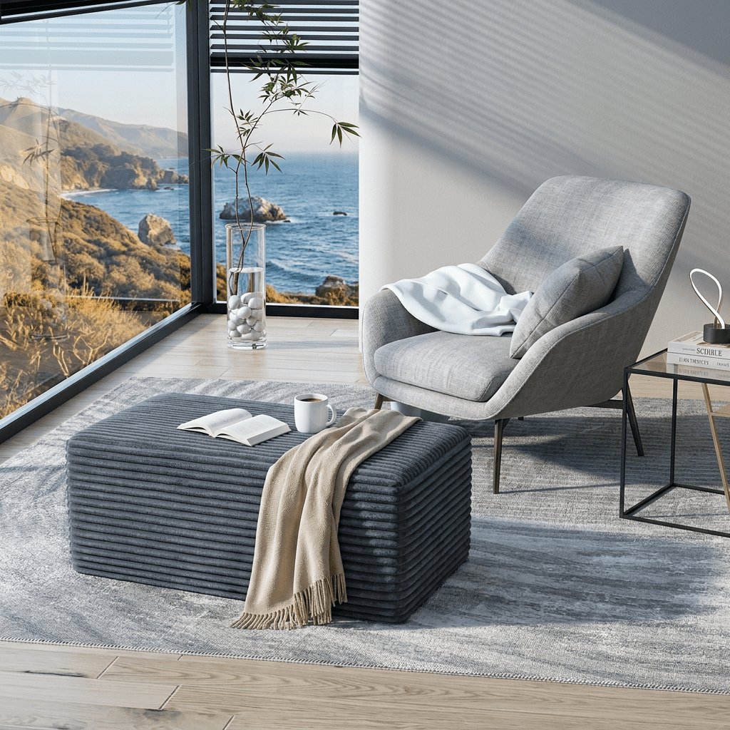 Large Oversized Corduroy Ottoman Footrest for Sofa Large Rectangle Floor Bench Extra Seating Coffee Table for Living Room, No Assembly (Gray)