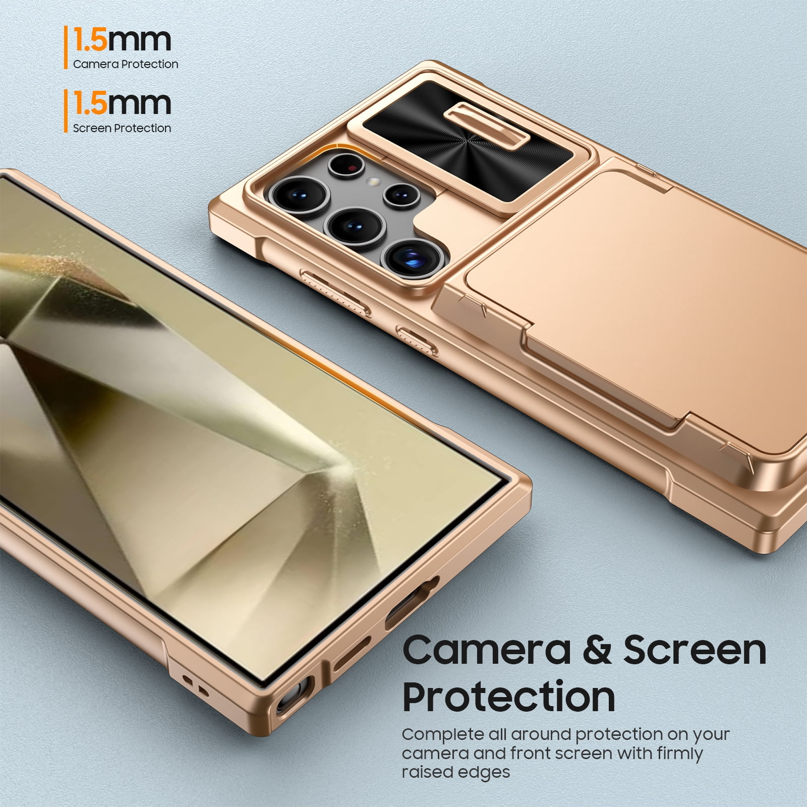 Vizvera for Samsung Galaxy S24 Ultra Phone Case with RFID Cards Holder (Store 4 Cards)&Camera Cover & Kickstand,Shockproof Silicone Case-Champagne