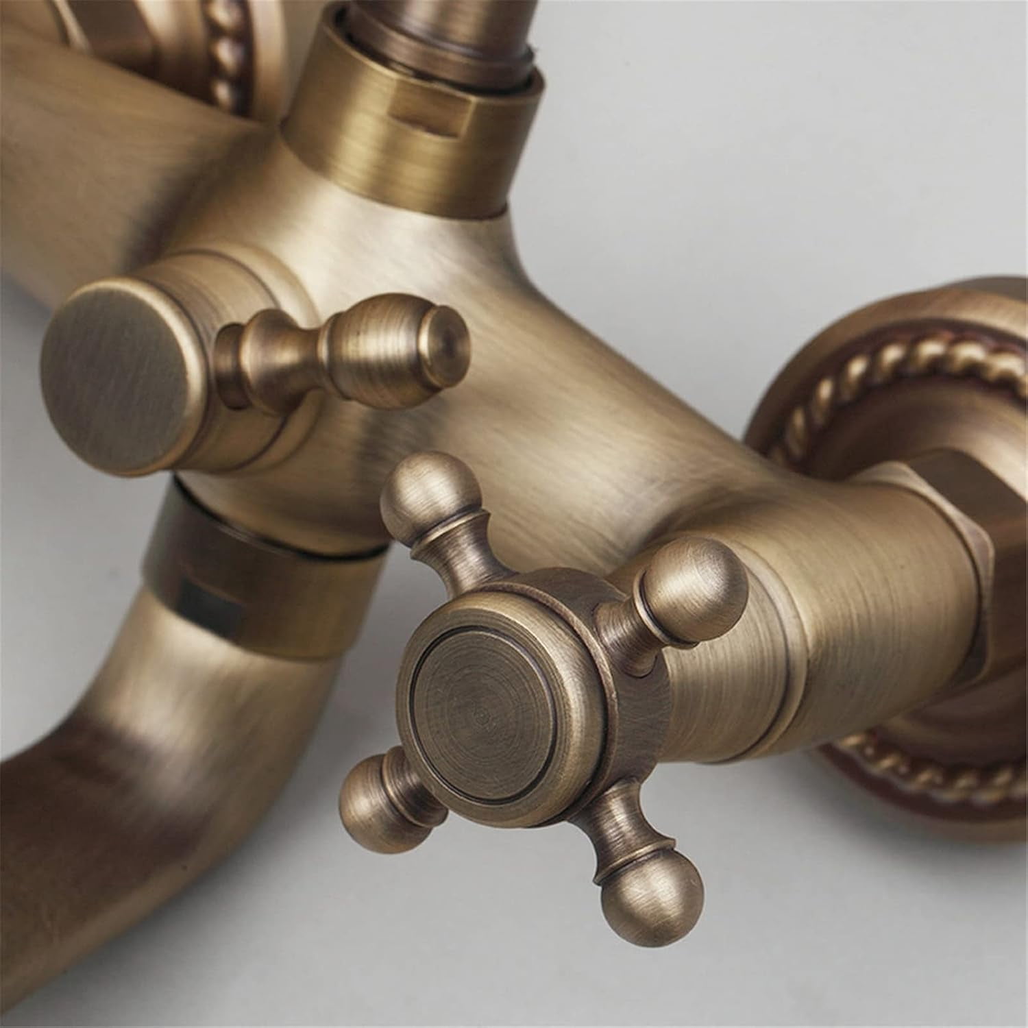 Vintage Wall Mount Antique Brass Bathtub Faucet with Hand Shower Sprayer, Bathroom Tub Faucet, Double Cross Handle Telephone Shaped Handheld Sprayer Shower Set