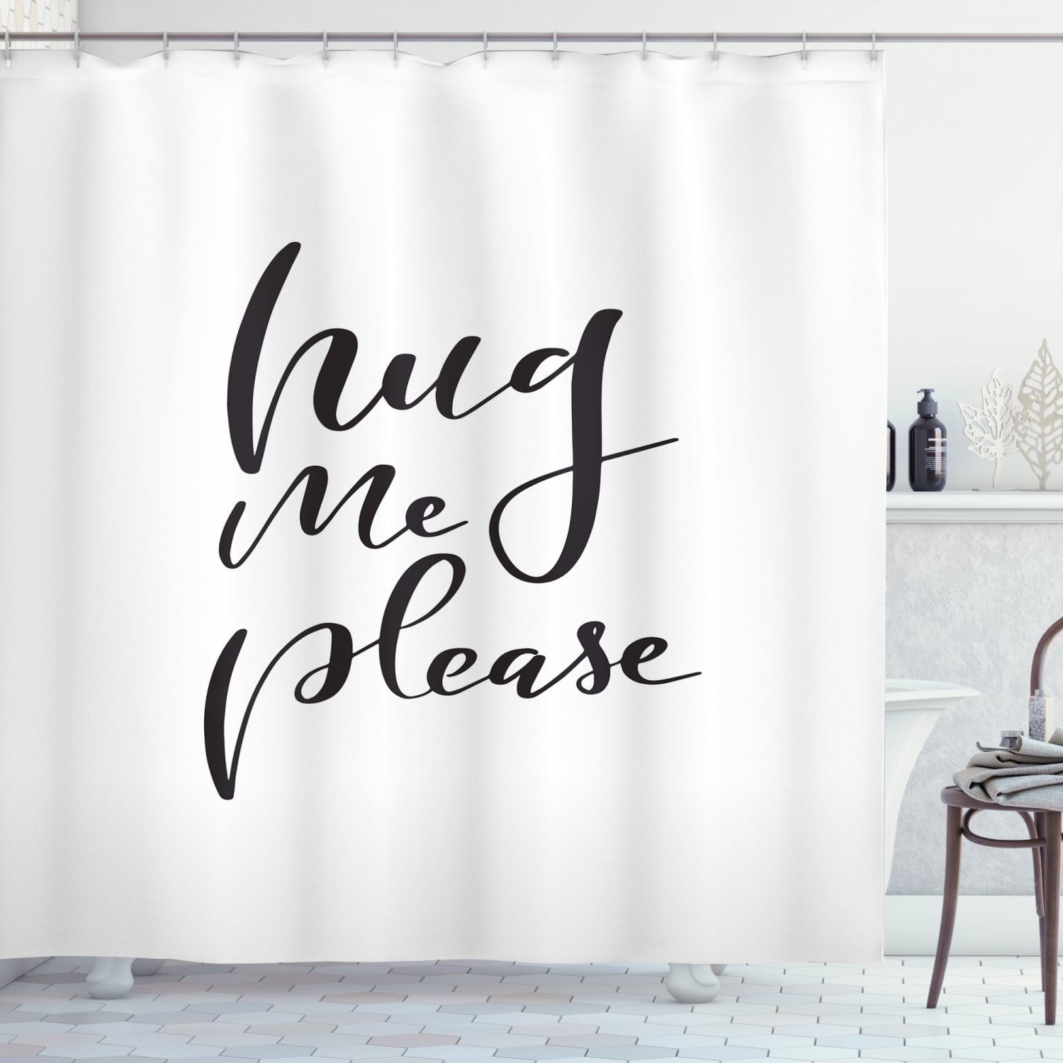 Hug Shower Curtain, Simplistic Ink Brush Written Hug Me Please Calligraphy Romantic Love Theme