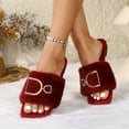 thumbnail image 6 of Women's Faux Fleece Memory Foam House Slippers with Metal Decoration, Square Open Toe Slides, Plush Flat Indoor Outdoor Footwear Wine-A, 6 of 9