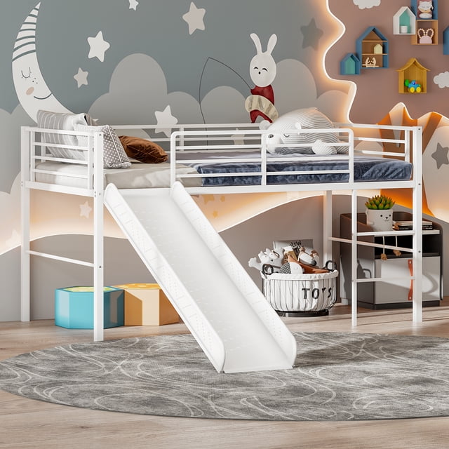 Gymax Twin Metal Loft Bed with Slide Guardrails Built-in Ladder Low Bed Frame White