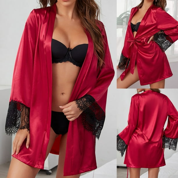 Womens Silk Satin Lace Sexy Long Dressing Gown Lingerie Robe Sleepwear  Nightwear