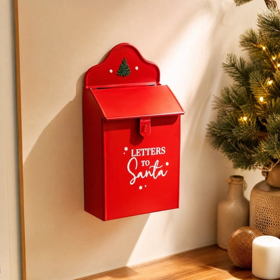 Christmas Wall Mailbox Decor with Metal Cottage Style Design, Wall Mounted Holiday Mailbox with Hinged Storage Compartment, Card and Letter Holder for Porch and Courtyard Walls, Simple Event Setup