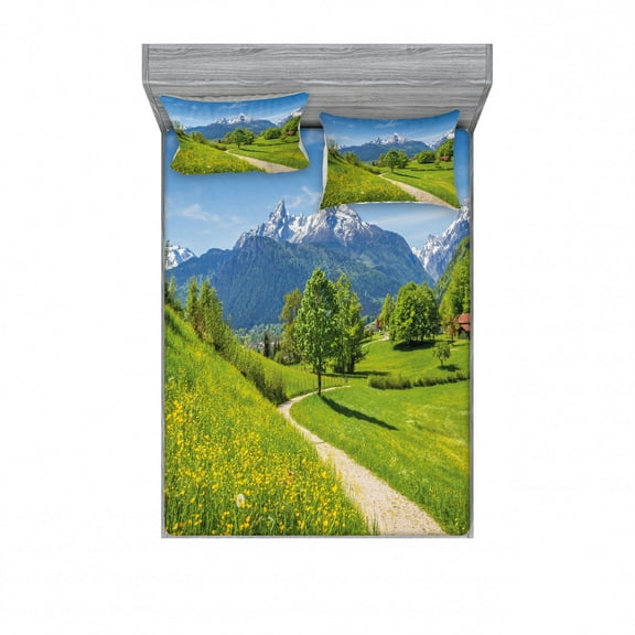 Landscape Bedding Set with Sheet & Covers, Wildflowers in the Alps and Snow-capped Mountains National Park Bavaria Germany, Printed Bedroom Decor 2 Shams, 4 Sizes, Yellow Green, by Ambesonne