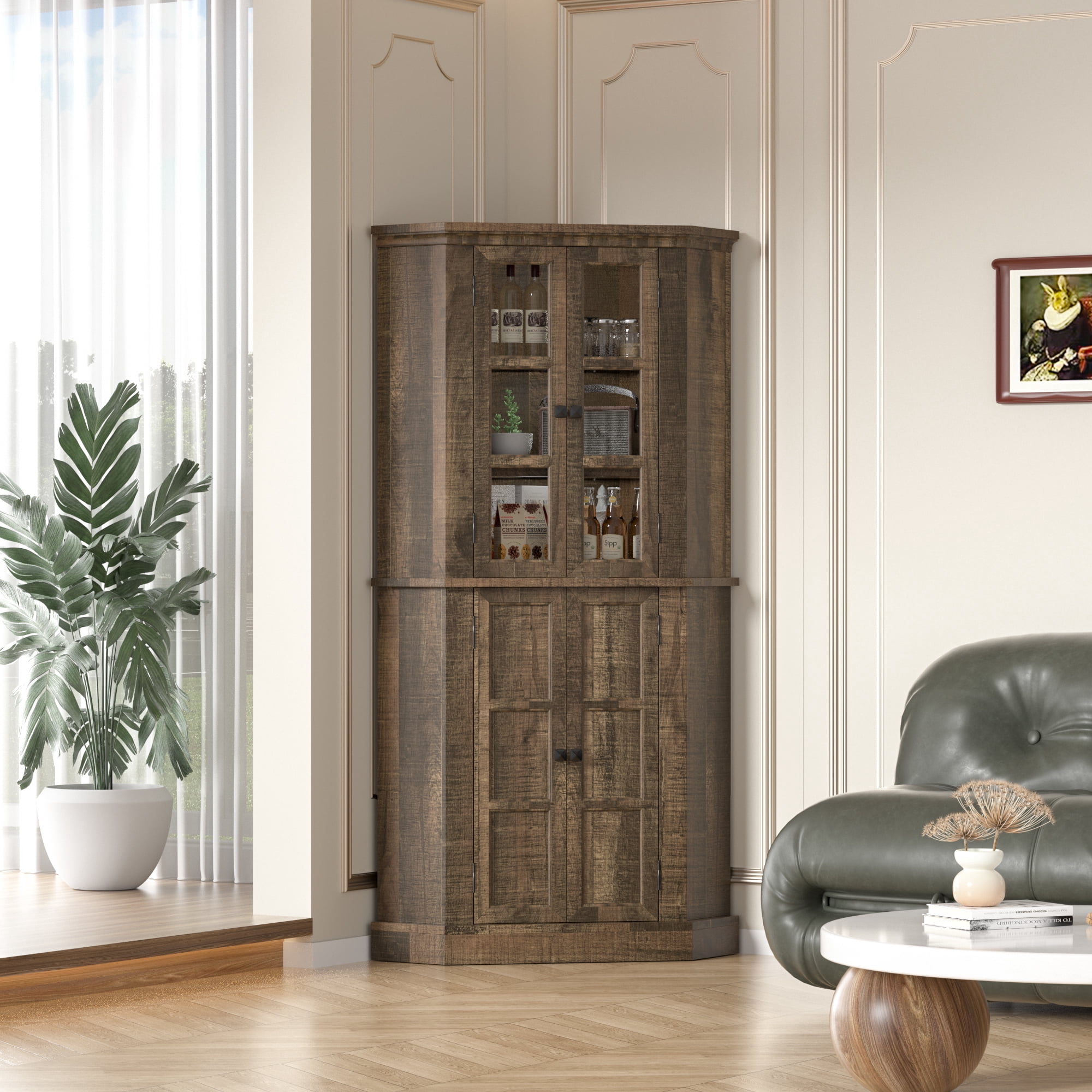 GetYes 67-Inch Corner Pantry Cabinet, 6-Tier Farmhouse with Glass Doors