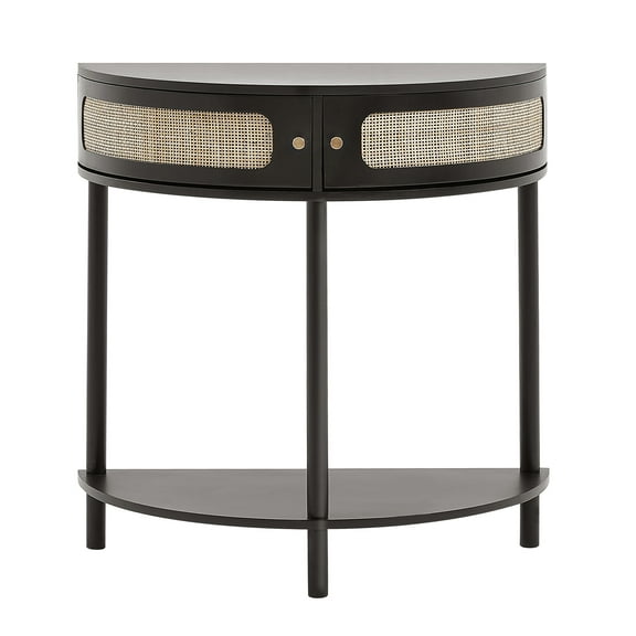 KFFKFF Semi-Circle Rattan Accent Table with Dual Drawers, Entryway Rattan Table Featuring Sliding Natural Rattan Door, Storage-Friendly Table for Lounge, Study, Foyer, or Media Wall, in Black