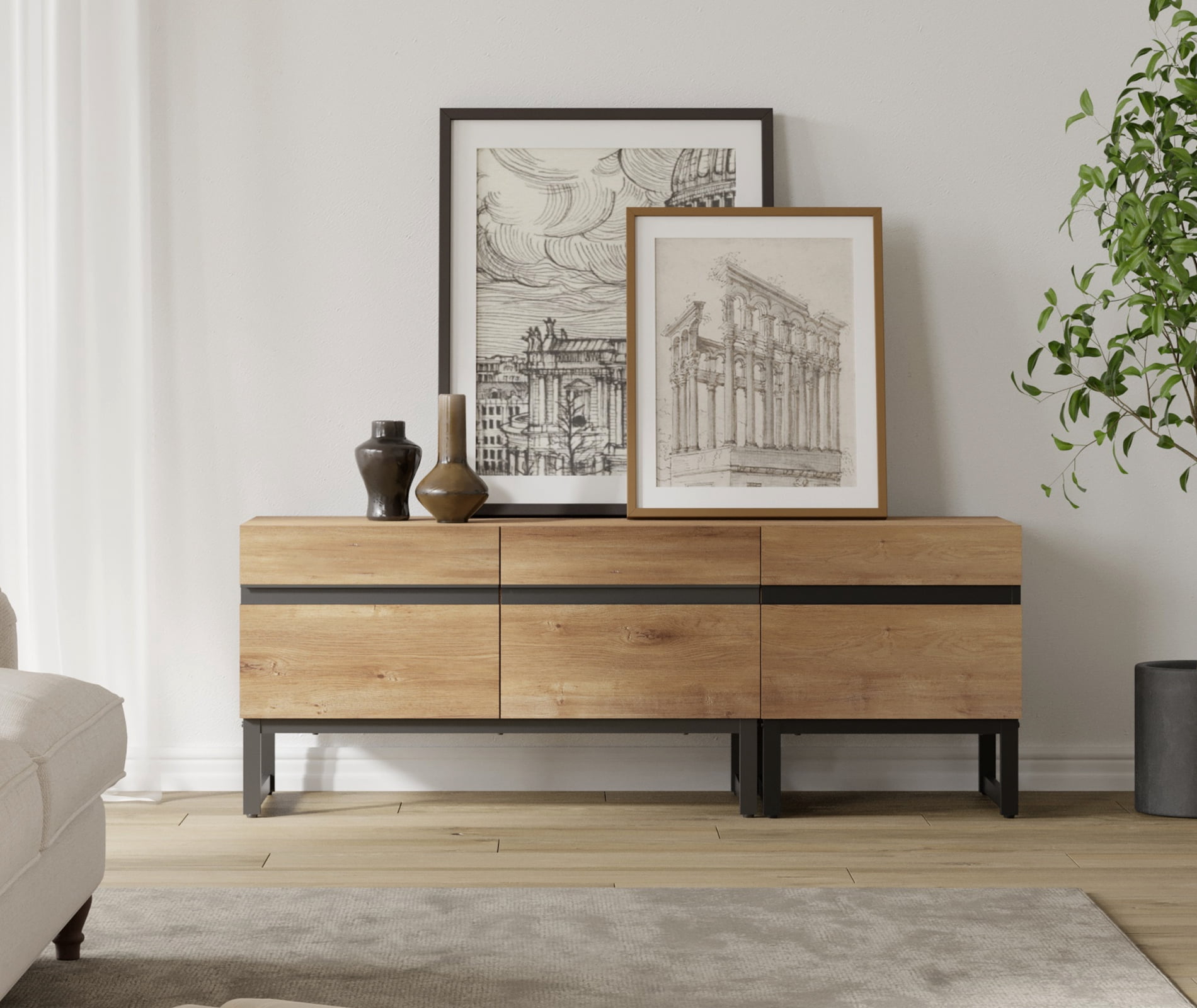 WAMPAT Modern TV Stand, 2-in-1 Entertainment Center with Storage Cabinets & Metal Base, 53" Oak, Fits TVs Up to 50"