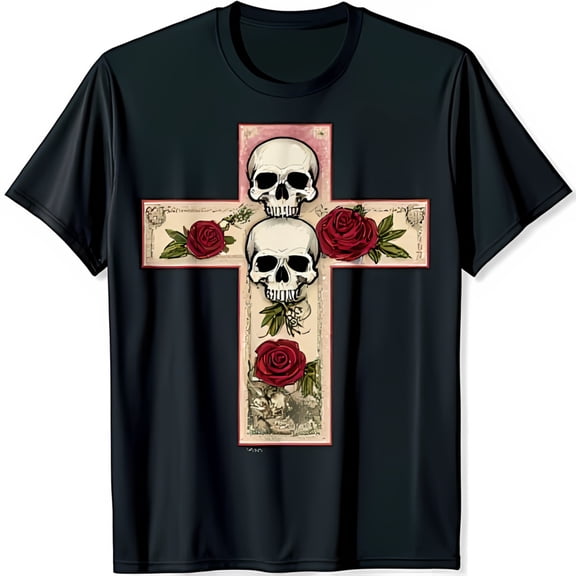 Black T-Shirt with Pale Red Roses and White Skulls Graphic