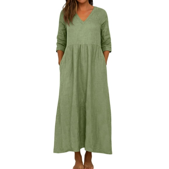 Enjoytime Dresses for Women Solid Color V-Neck 3/4 Sleeve Loose Casual Dress Vacation Travel Maxi Dresses for Women Green M