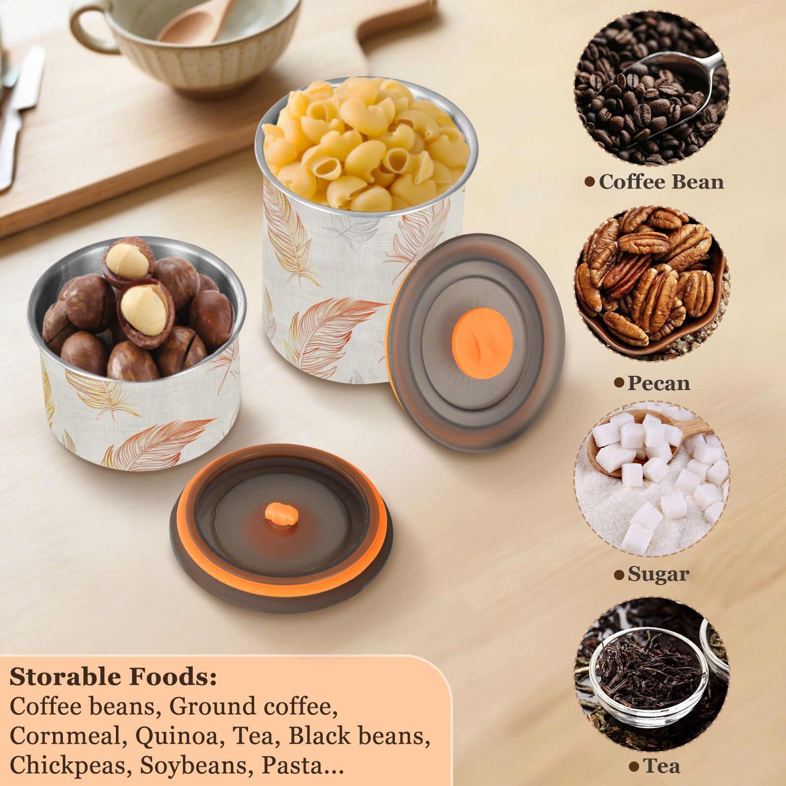 Orange & Yellow Feather Airtight Coffee Bean Canister 30oz Food Storage Containers with Lids For Gournd, Tea, Sugar, Flour, Rice, Cereal, Candy Cookie Jar