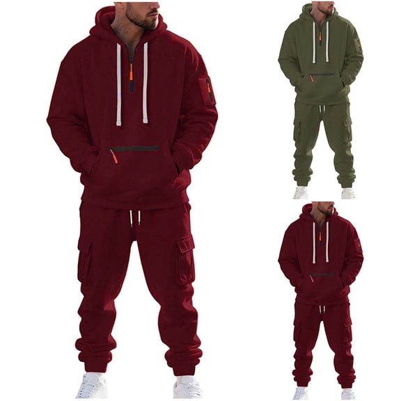 mihongmao Sweatsuits Men 2 Piece Outfit Man Style Solid Color Casual Fashion Zipper Pocket Hooded Long Sleeves Shirt Drawstring Waist Workwear Long Pants Sets Wine L